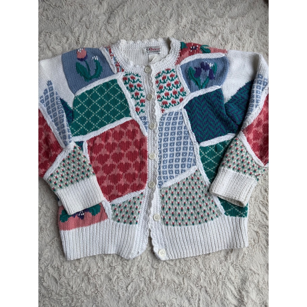 Vintage Orvis Patchwork Cardigan Sweater Floral Heart Knit Ramie Cotton S - Picture 10 of 13